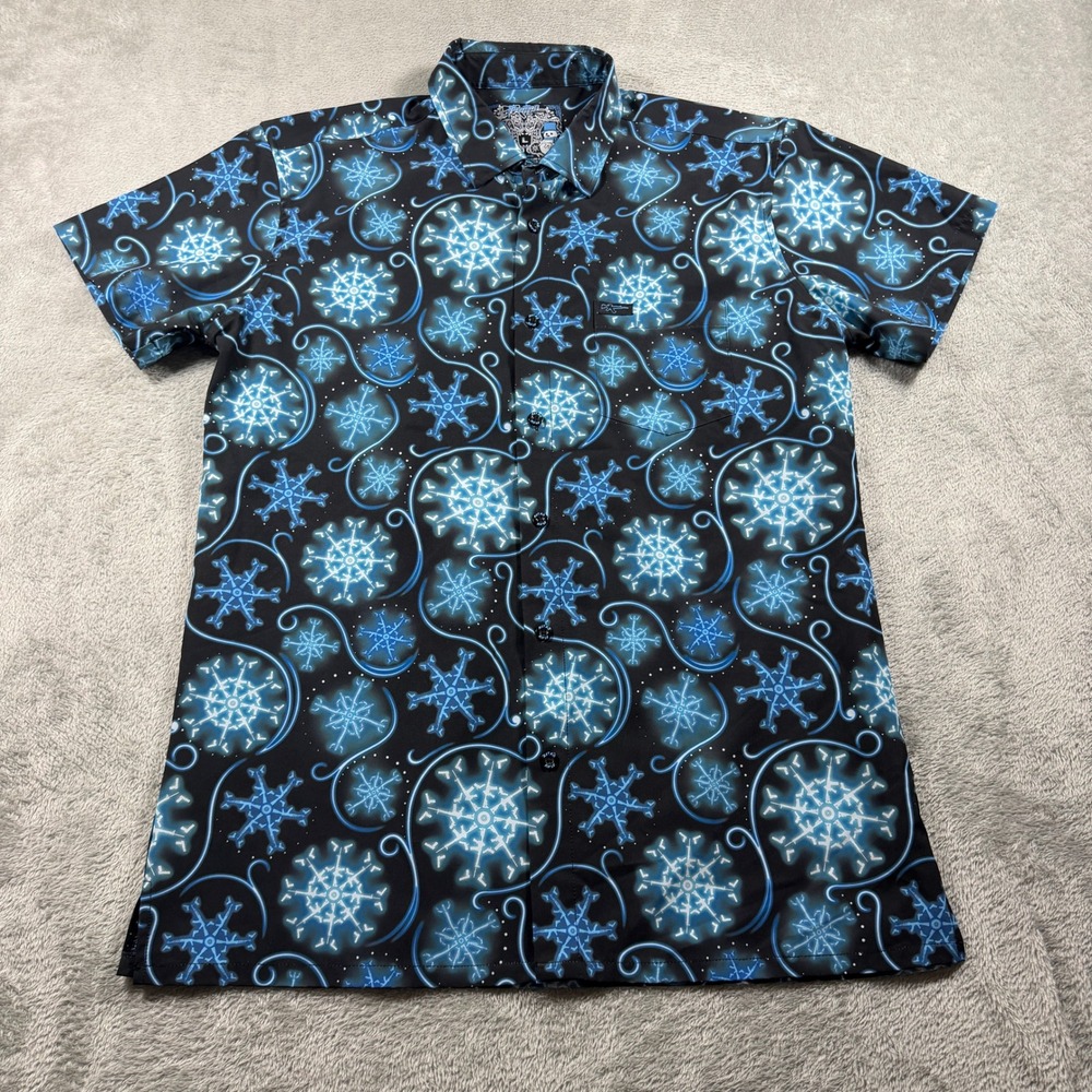 Retro Rifle Frostbite Button Up Shirt Mens Large Black Blue Snowflake Christmas